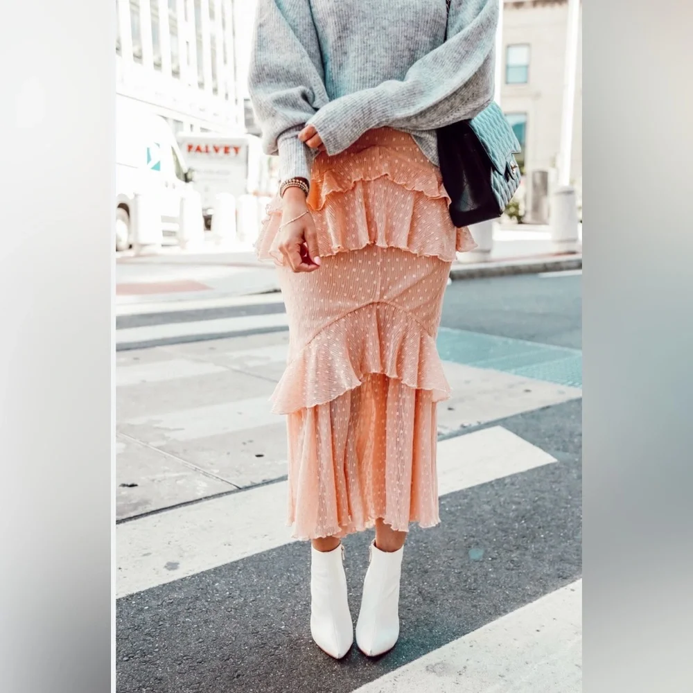 Song of Style Ada Midi Ruffle Skirt in Pink Blush | REVOLVE Size Medium